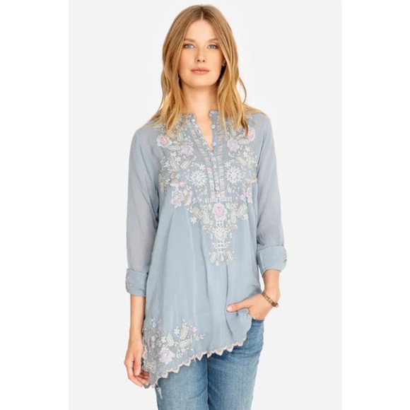 Johnny Was Tops - Johnny Was Women Embroidered Floral Mayan Tunic in Fog Small Scalloped Hem